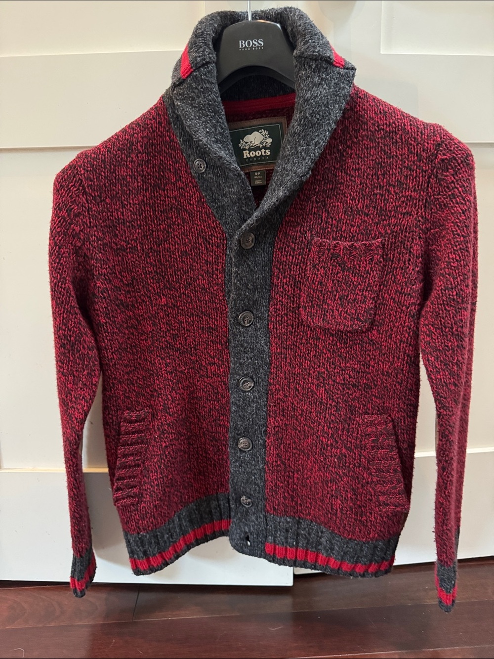 Roots Men's Red and Charcoal Shawl-Collar Button-Front Cardigan